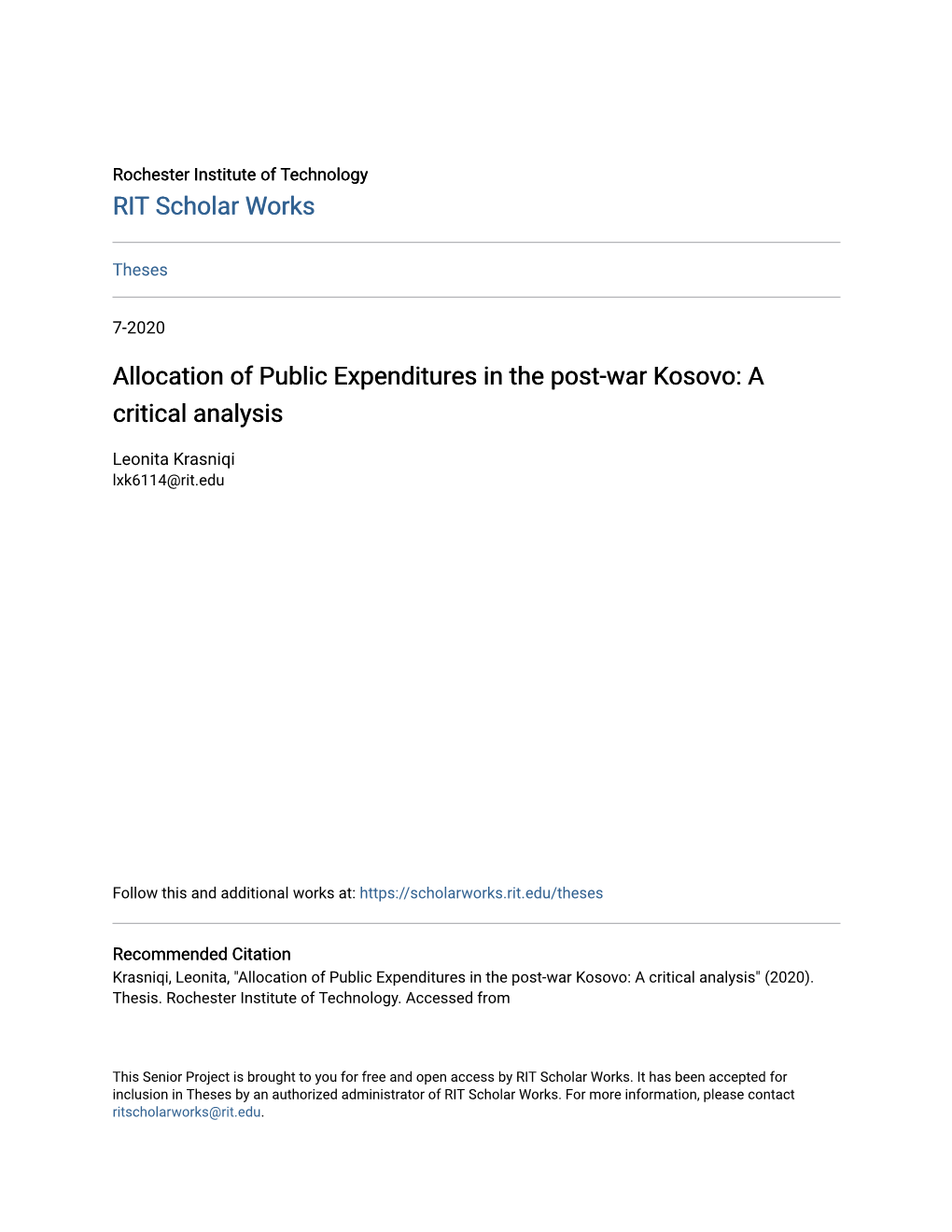 Allocation of Public Expenditures in the Post-War Kosovo: a Critical Analysis