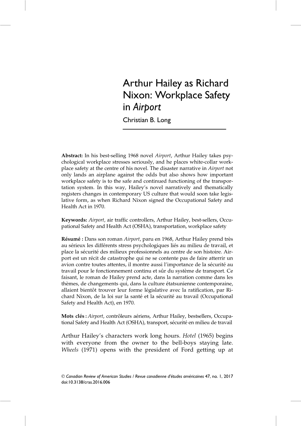 Arthur Hailey As Richard Nixon: Workplace Safety in Airport Christian B