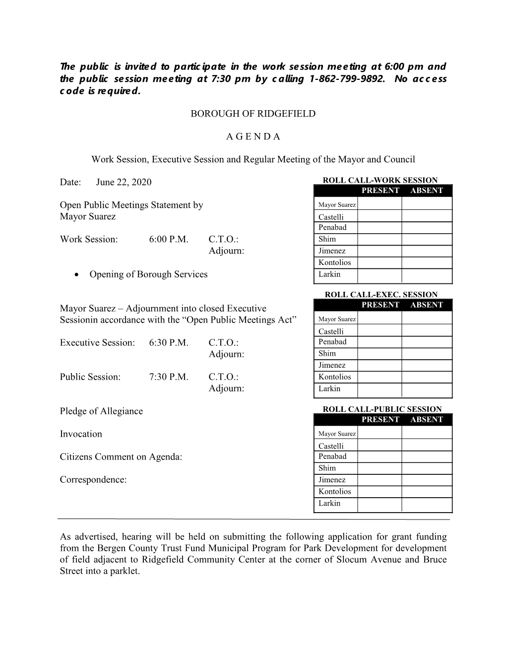 June 22 2020 Agenda