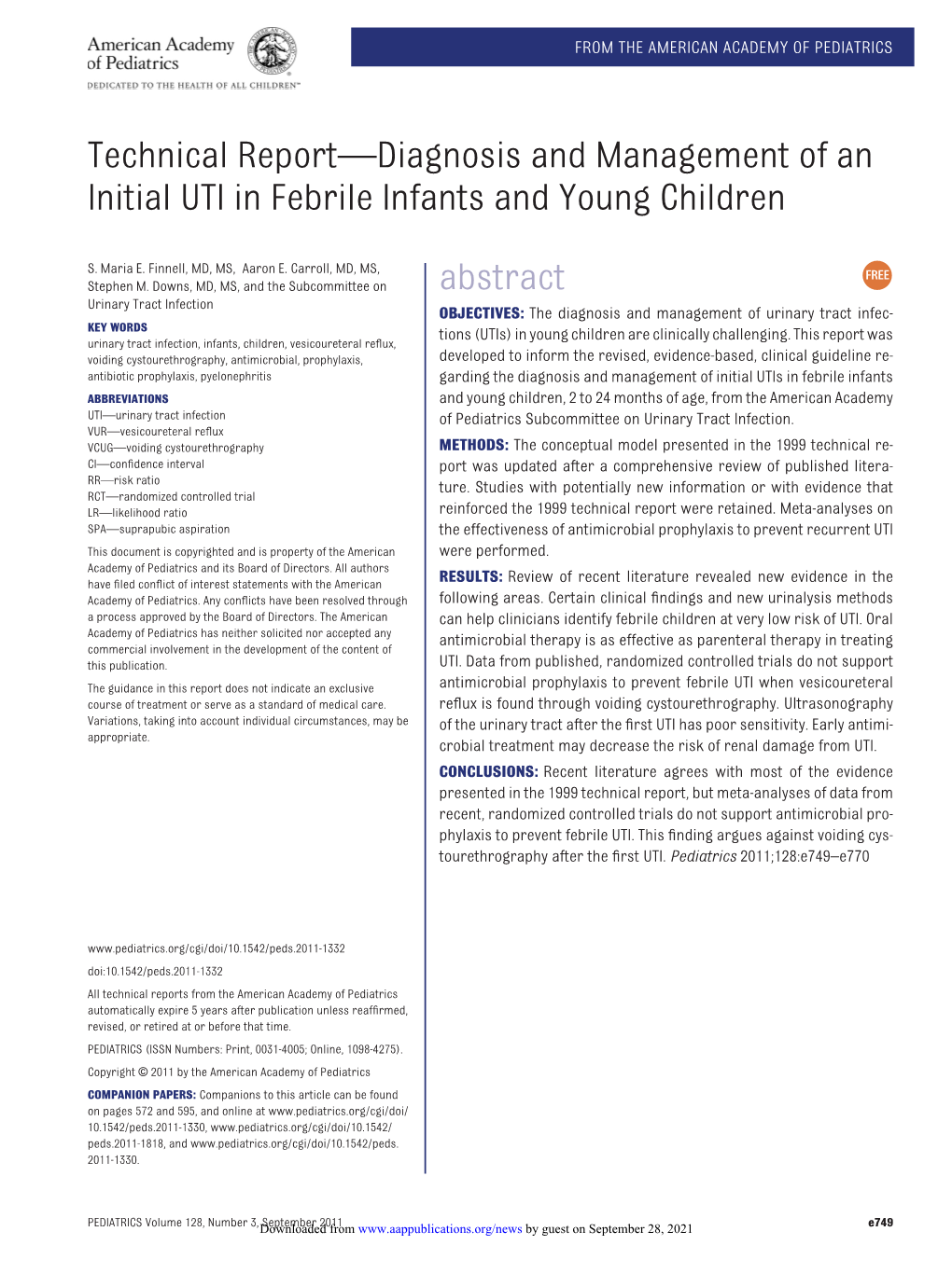 Technical Report—Diagnosis and Management of an Initial UTI in Febrile Infants and Young Children