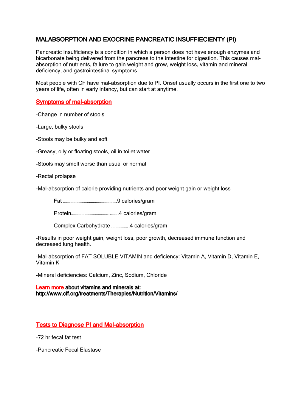 Malabsorption and Exocrine Pancreatic Insuffiecienty (Pi)