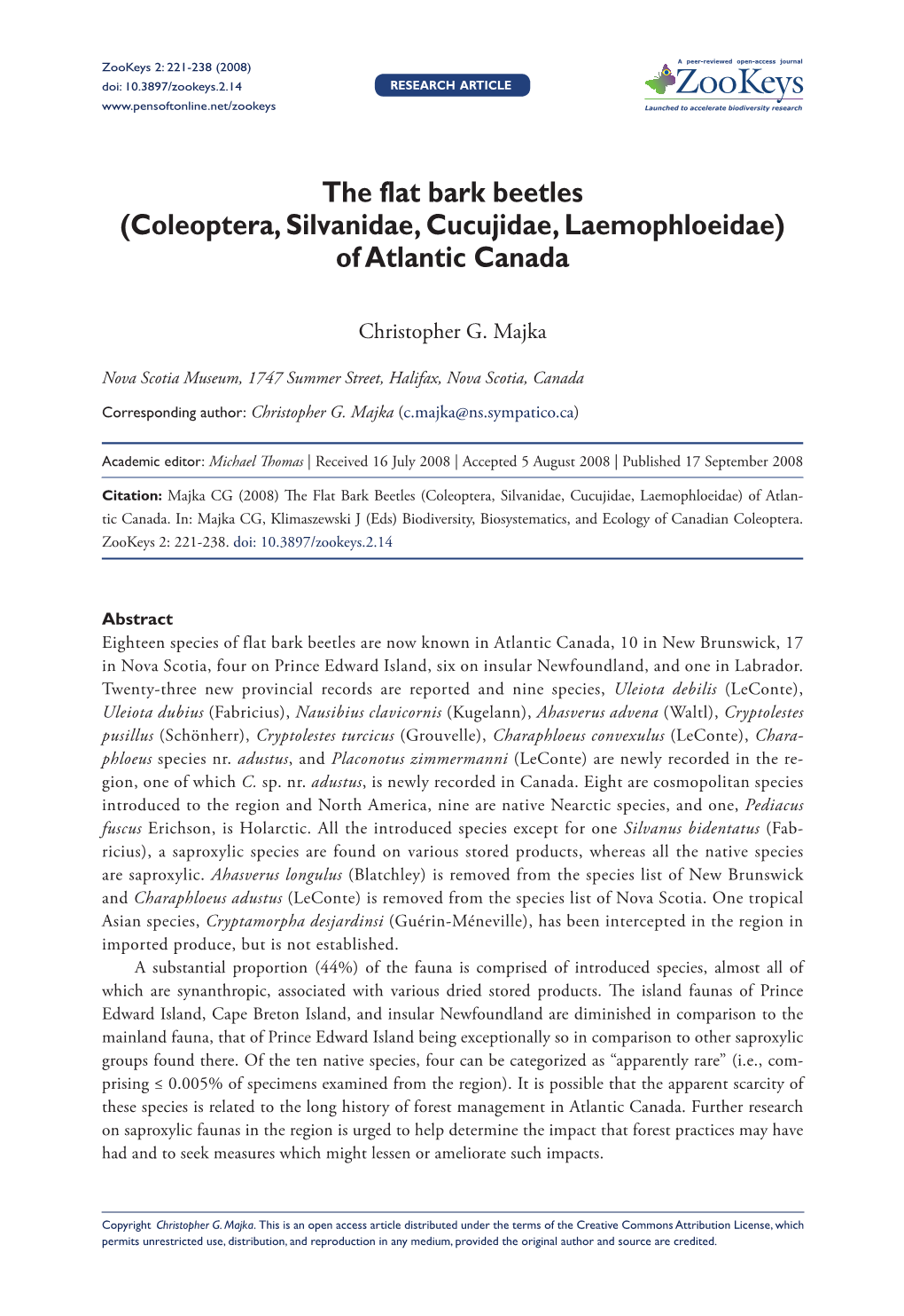 The Flat Bark Beetles (Coleoptera, Silvanidae, Cucujidae, Laemophloeidae) of Atlantic Canada