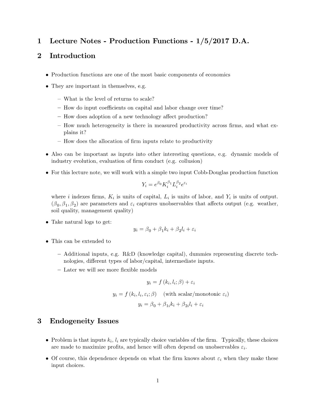 1 Lecture Notes - Production Functions - 1/5/2017 D.A