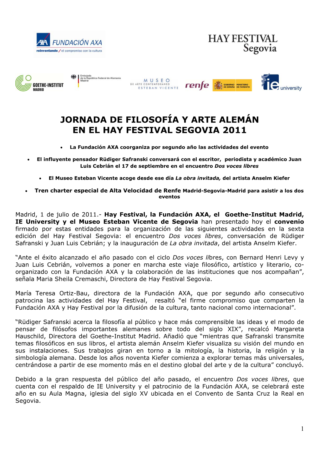 Jornada De Filosofía Y Arte Alemán En El Hay Festival Segovia 2011