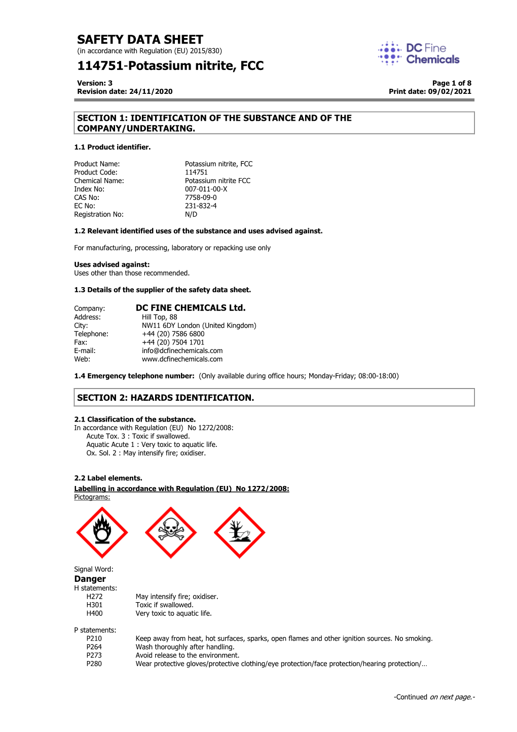 SAFETY DATA SHEET 114751-Potassium Nitrite