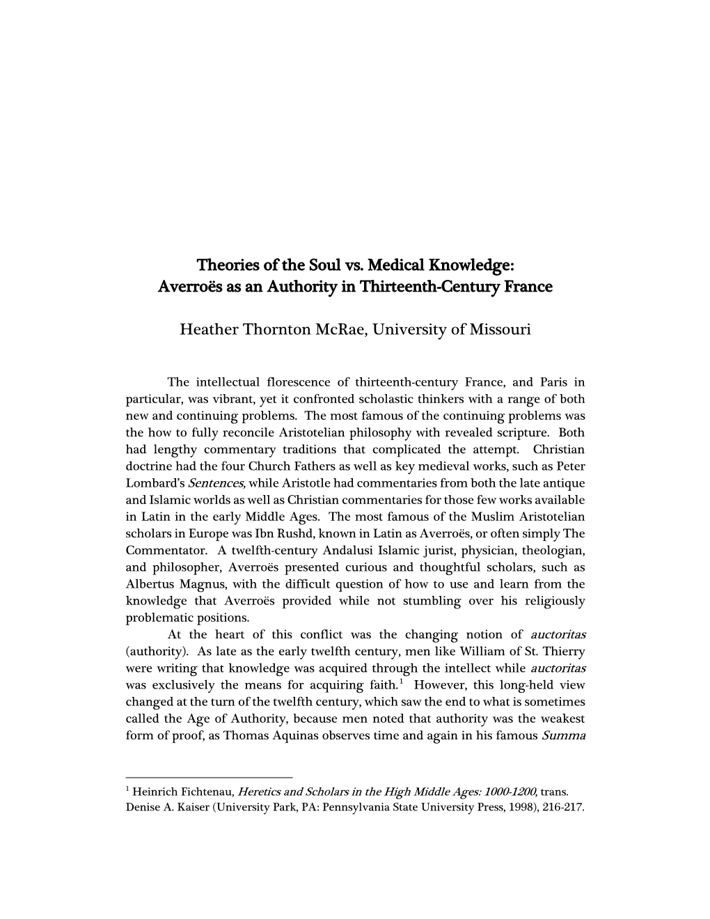 Theories of the Soul Vs. Medical Knowledge: Averroës As an Authority in Thirteenth-Century France