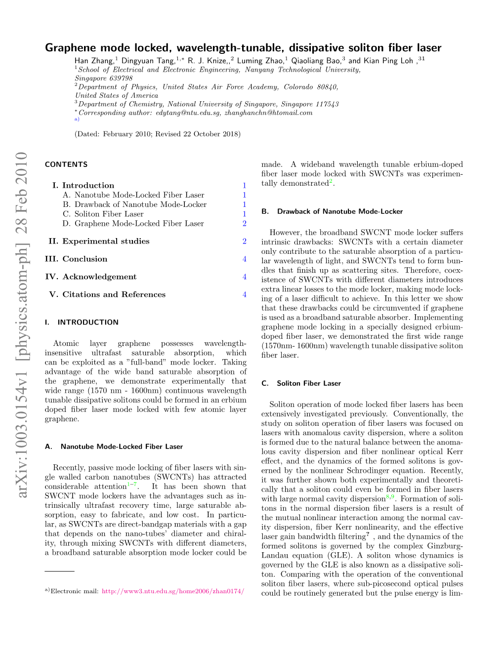 Arxiv:1003.0154V1 [Physics.Atom-Ph] 28 Feb 2010 SWCNT Mode Lockers Have the Advantages Such As In- with Large Normal Cavity Dispersion8,9