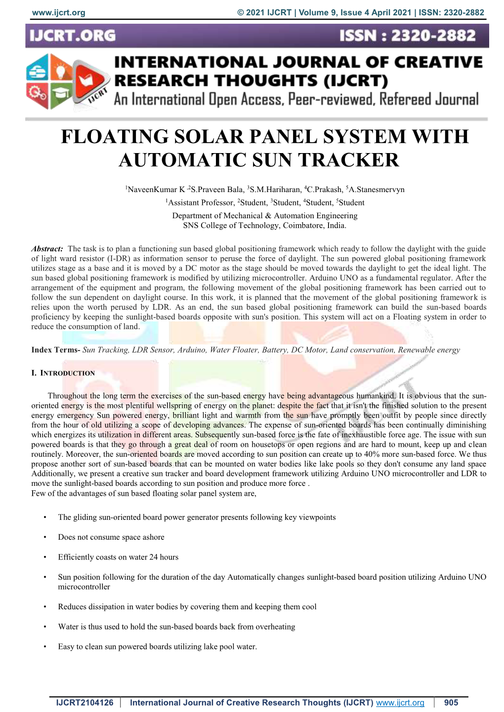Floating Solar Panel System with Automatic Sun Tracker
