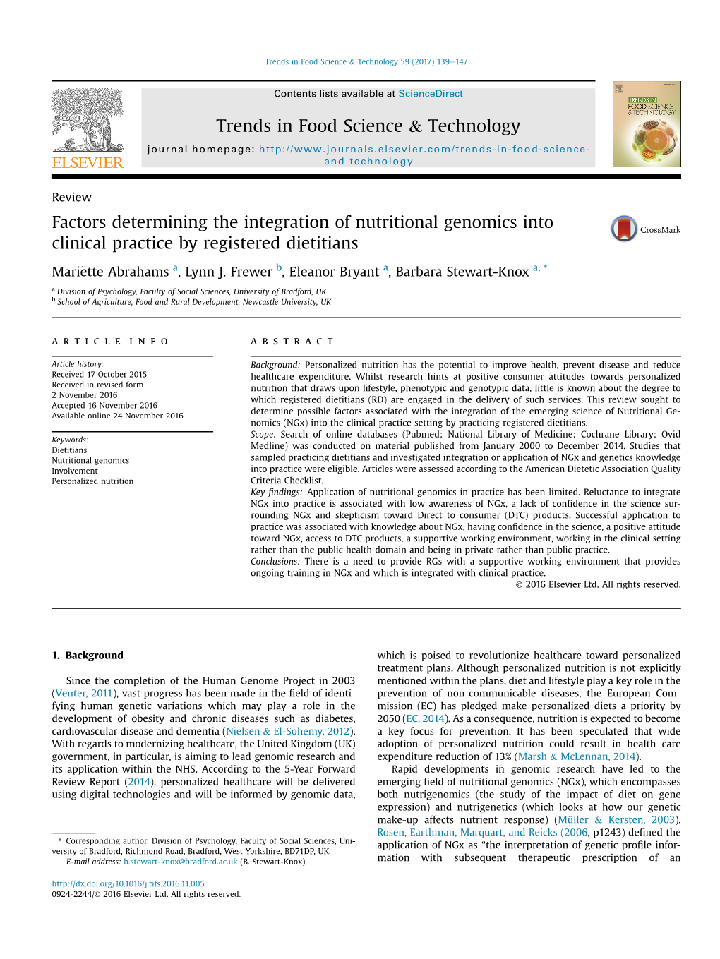 Factors Determining the Integration of Nutritional Genomics Into Clinical Practice by Registered Dietitians