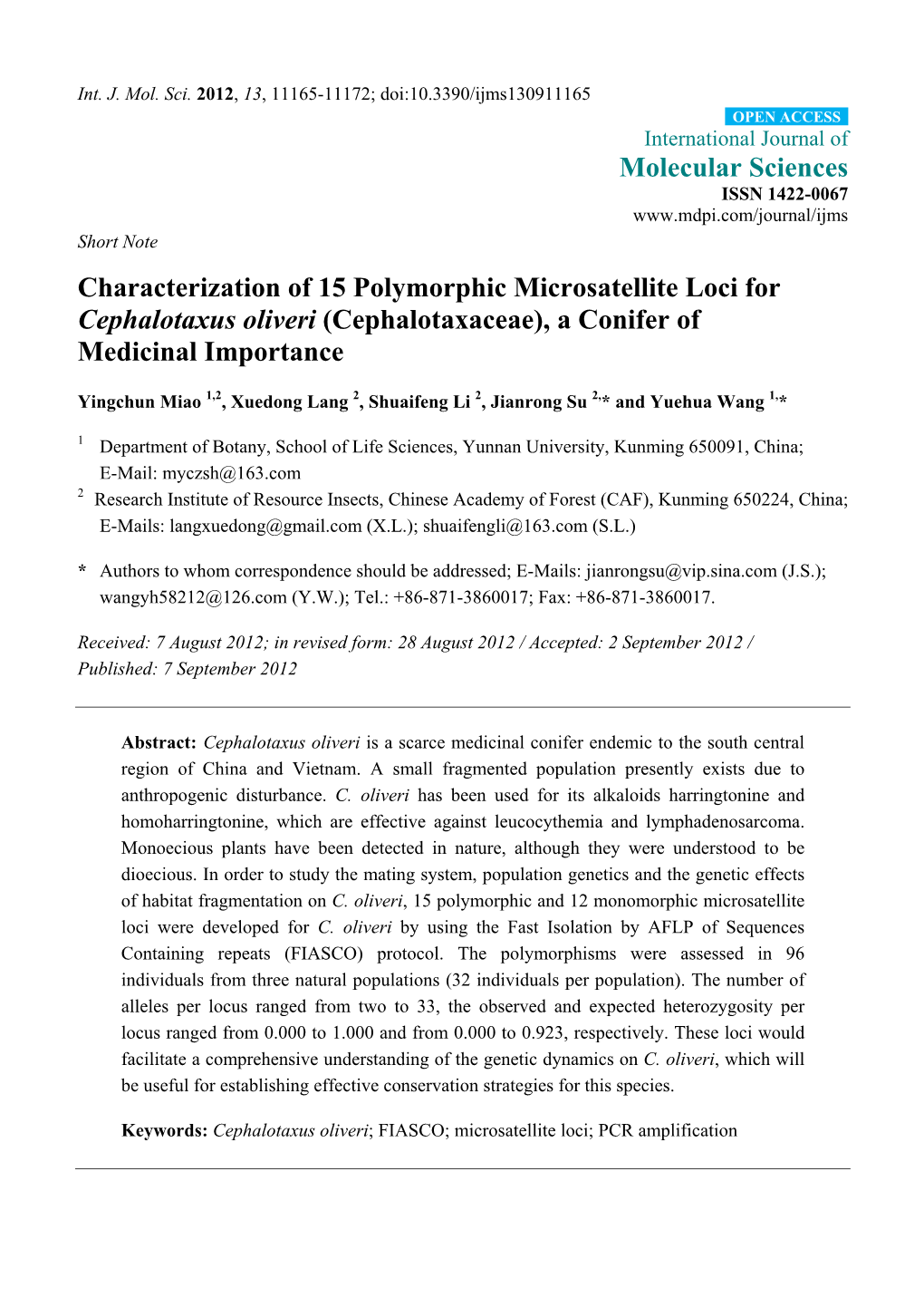 Characterization of 15 Polymorphic Microsatellite Loci for Cephalotaxus Oliveri (Cephalotaxaceae), a Conifer of Medicinal Importance