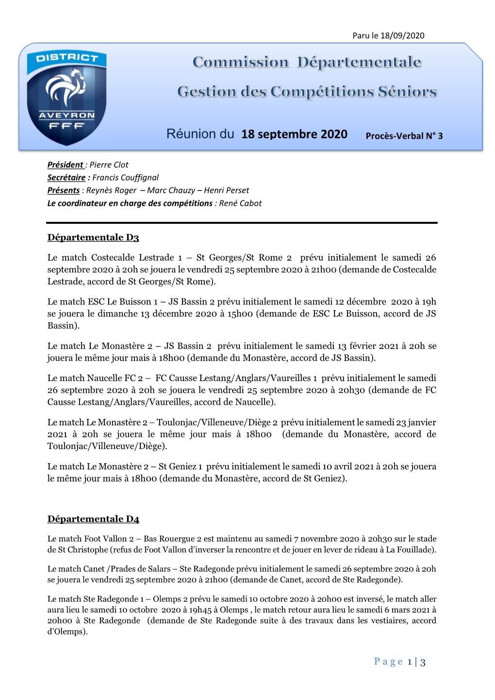 Réunion Du 18 Septembre 2020 Procès-Verbal N° 3