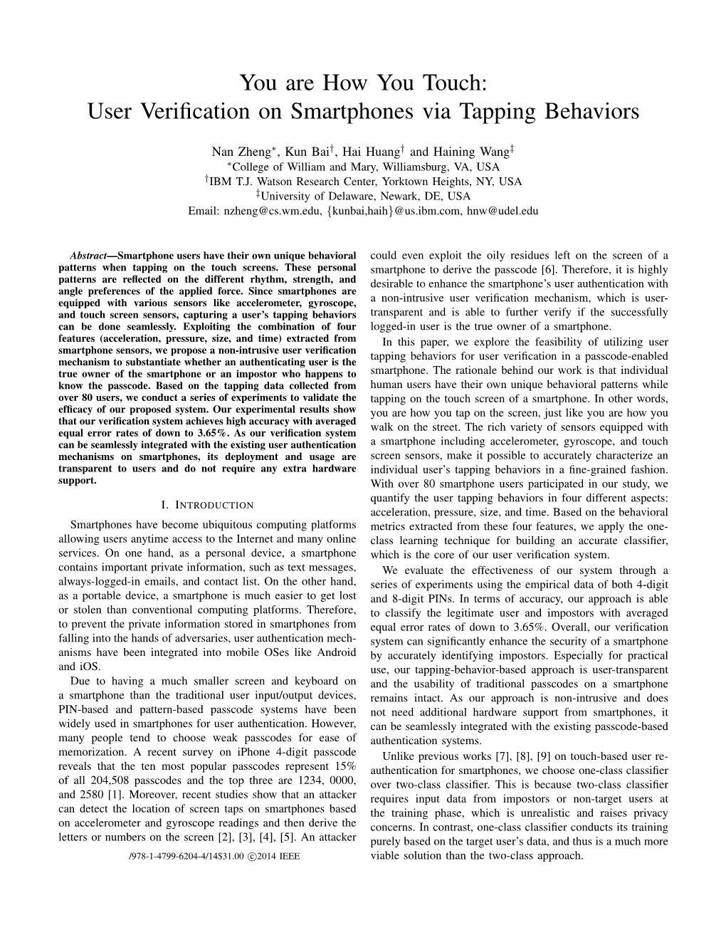 User Verification on Smartphones Via Tapping Behaviors