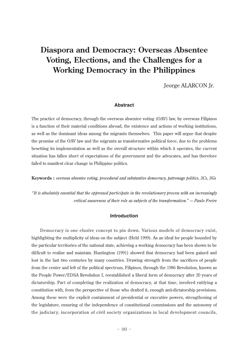 Overseas Absentee Voting, Elections, and the Challenges for a Working Democracy in the Philippines