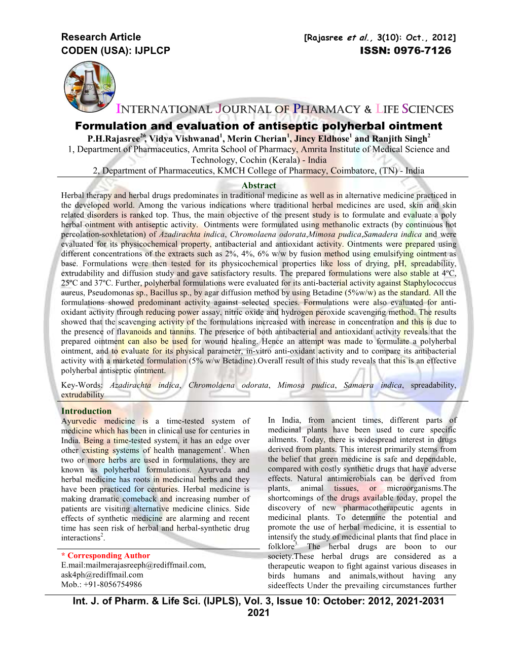 Formulation and Evaluation of Antiseptic Polyherbal Ointment