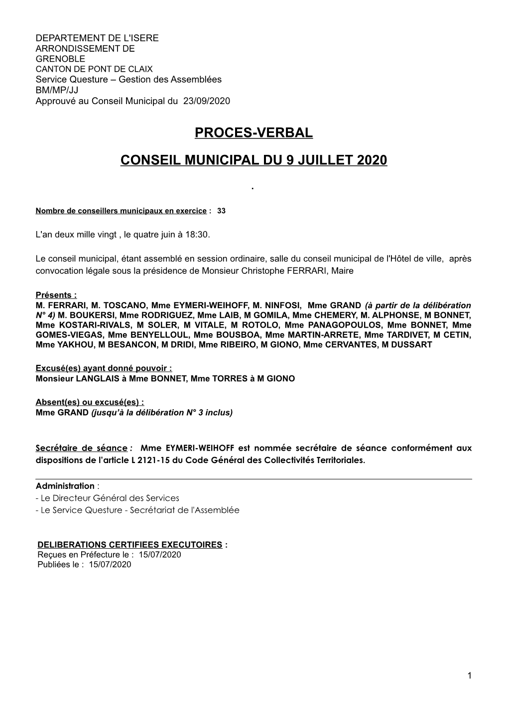 Proces-Verbal Conseil Municipal Du 9 Juillet 2020