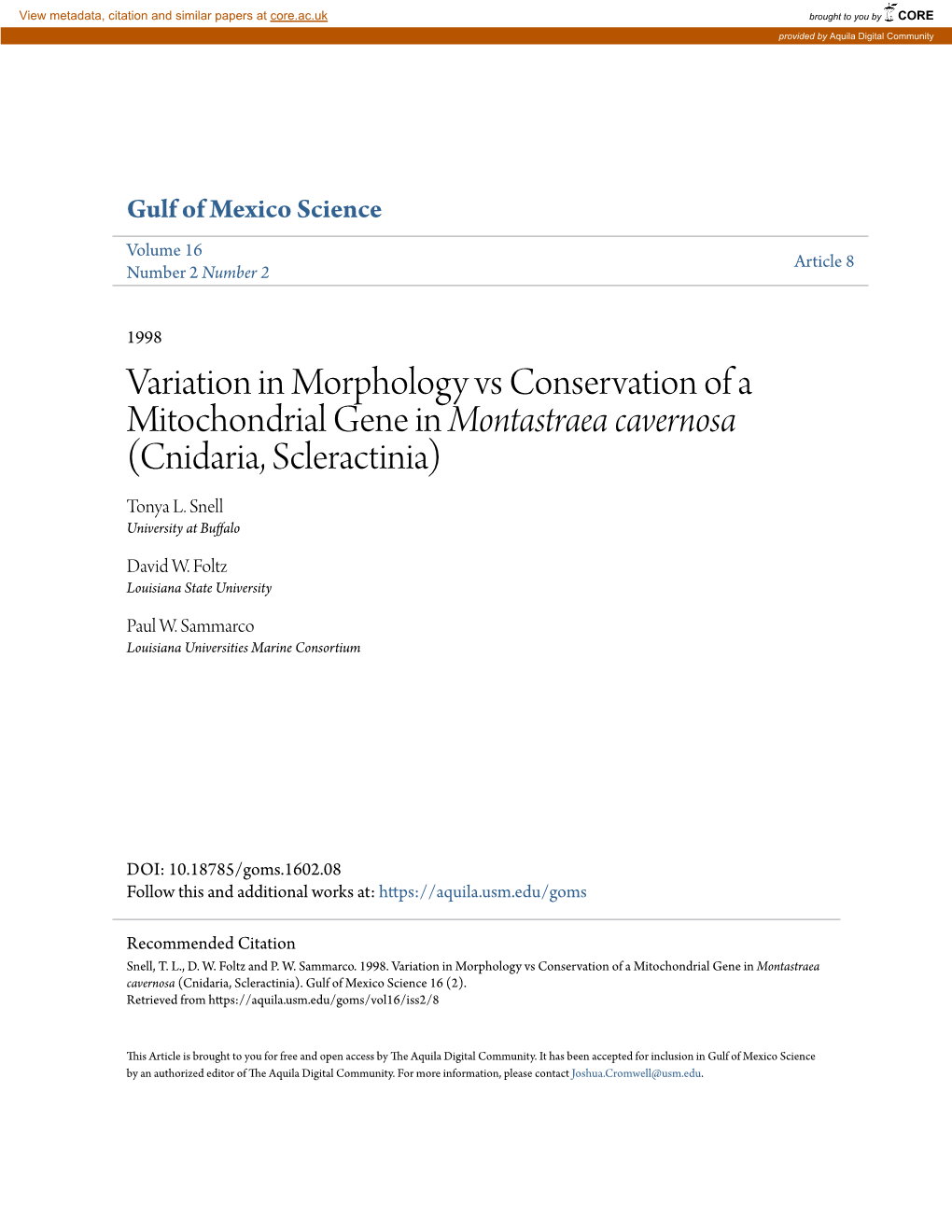 Variation in Morphology Vs Conservation of a Mitochondrial Gene in Montastraea Cavernosa (Cnidaria, Scleractinia) Tonya L