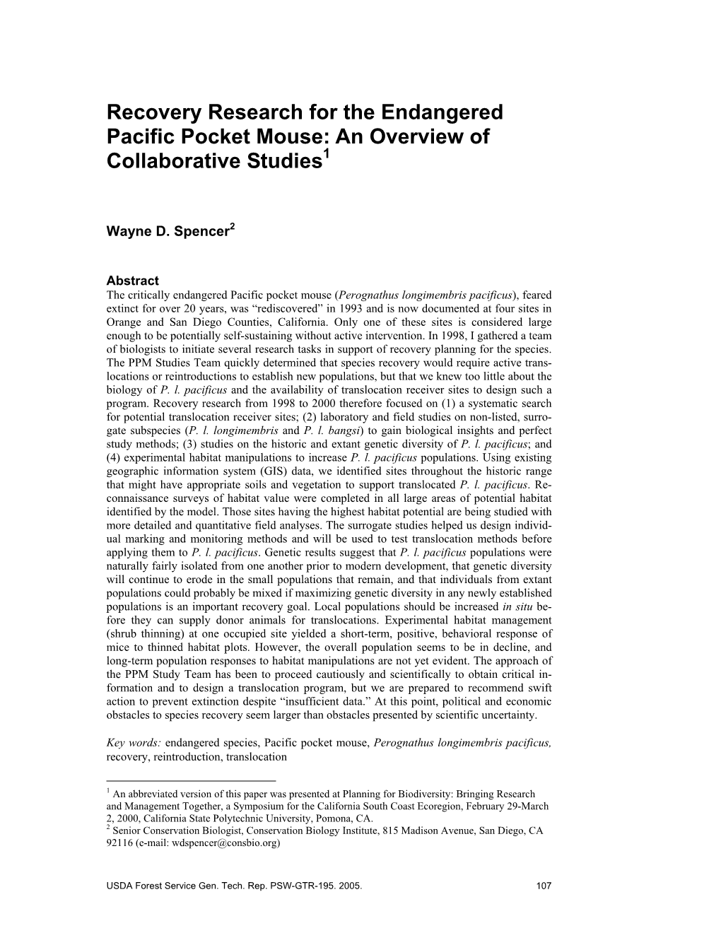 Recovery Research for the Endangered Pacific Pocket Mouse: an Overview of Collaborative Studies1
