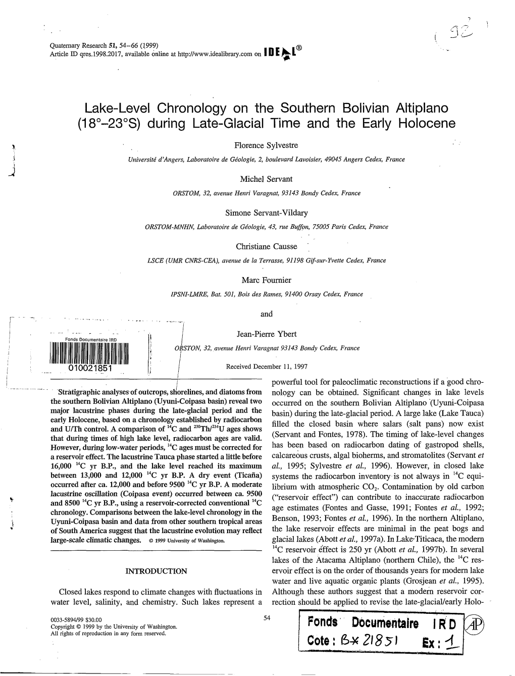 Lake-Level Chronology on the Southern Bolivian Altiplano