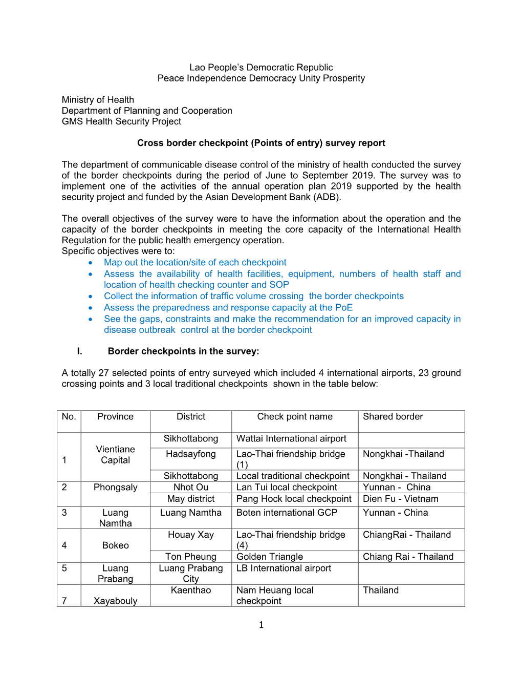 1 Lao People's Democratic Republic Peace Independence Democracy Unity Prosperity Ministry of Health Department of Planning