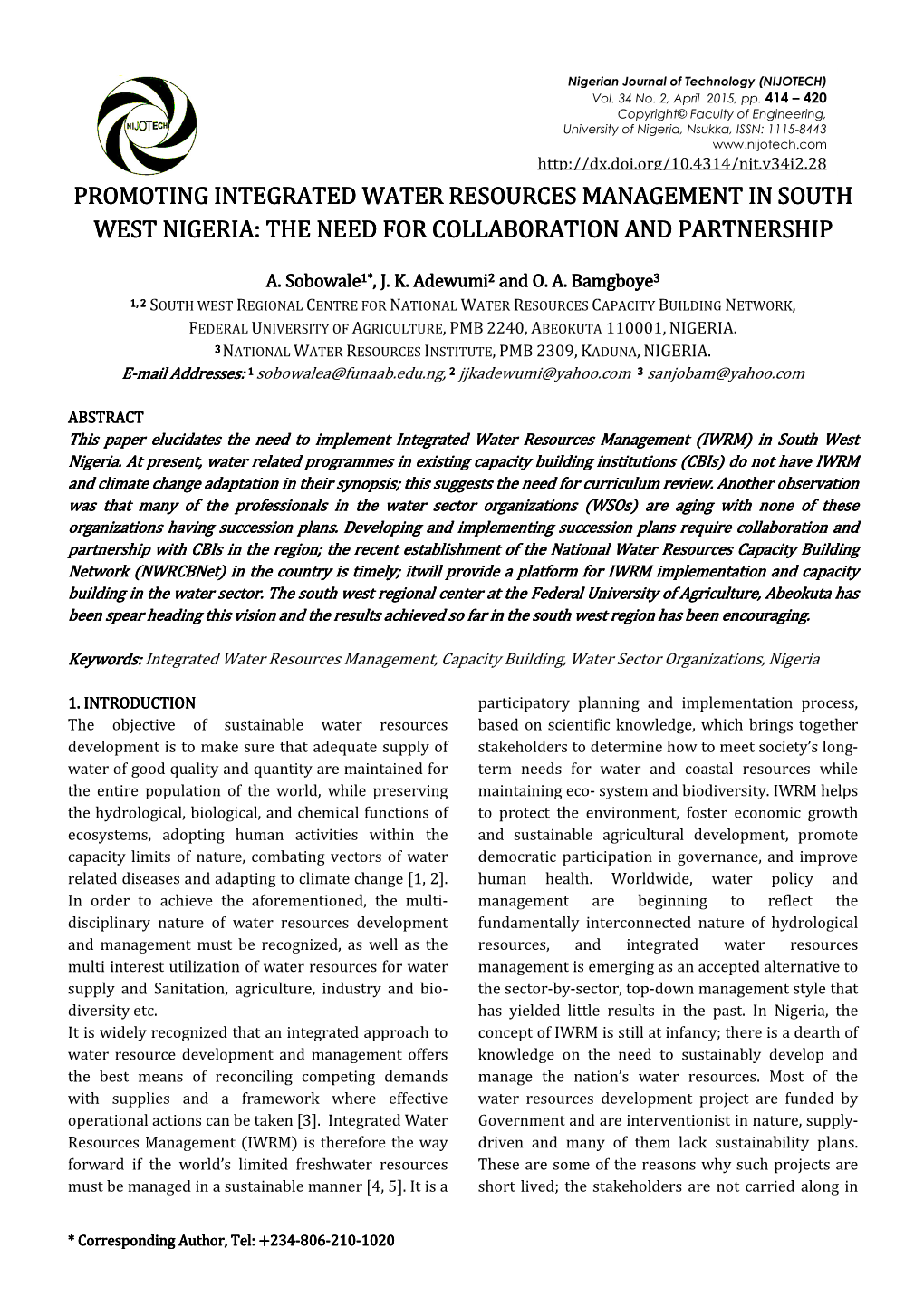 Promoting Integrated Water Resources Management in South West Nigeria: the Need for Collaboration and Partnershippartnership