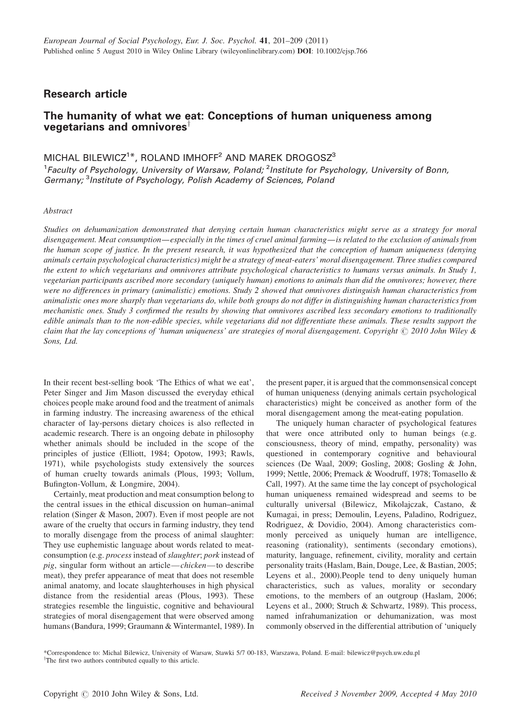 Conceptions of Human Uniqueness Among Vegetarians and Omnivoresy