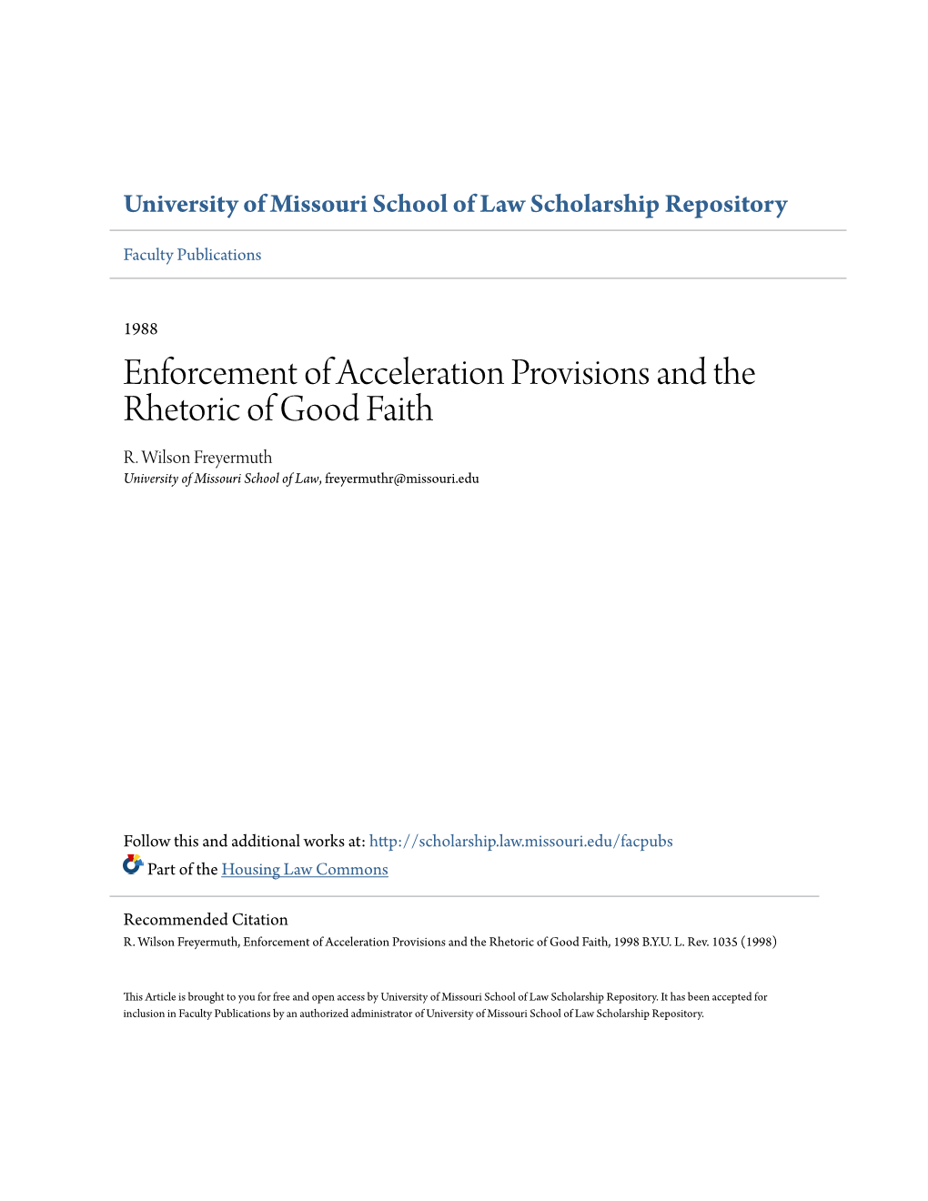 Enforcement of Acceleration Provisions and the Rhetoric of Good Faith R