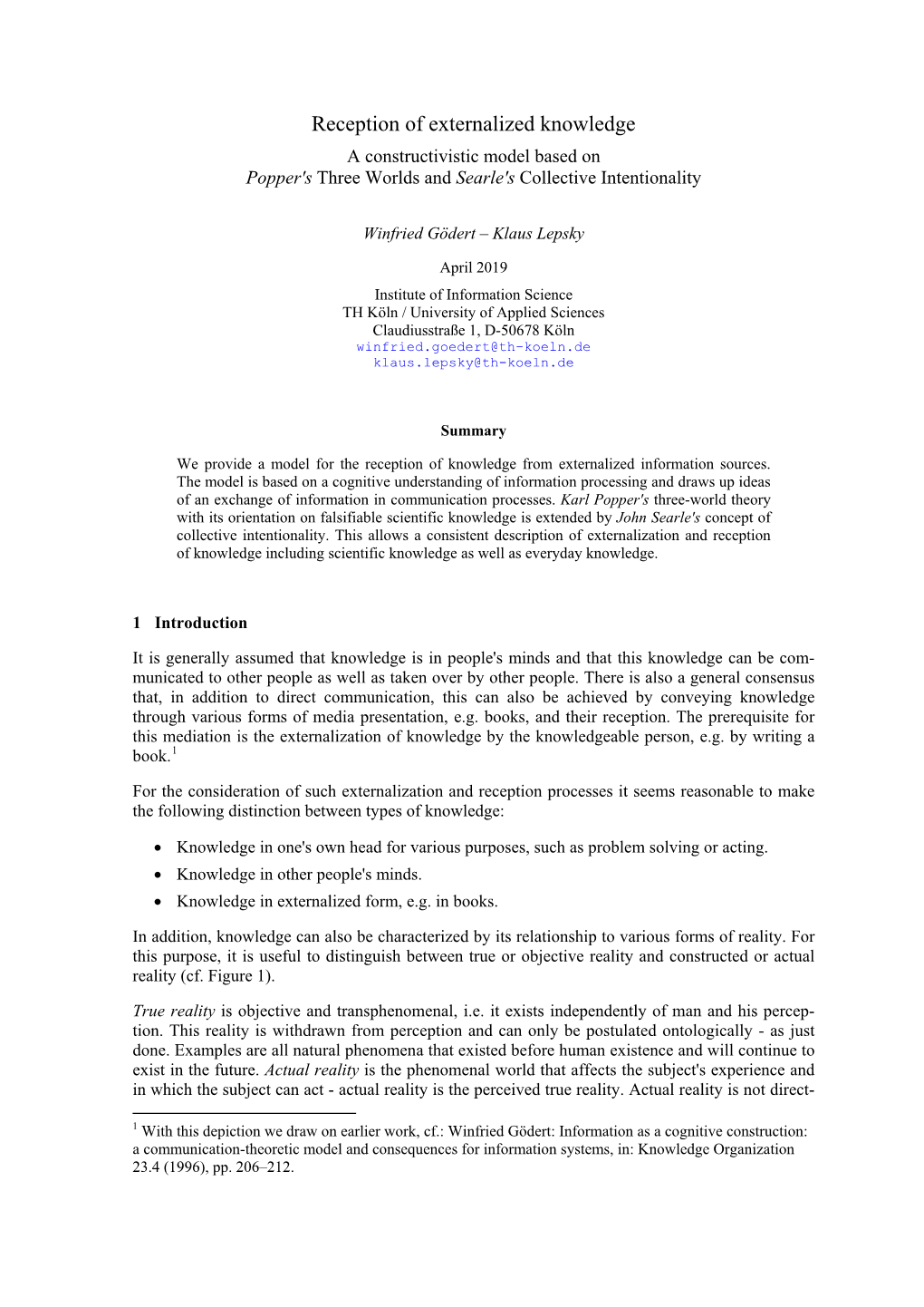 Reception of Externalized Knowledge a Constructivistic Model Based on Popper's Three Worlds and Searle's Collective Intentionality