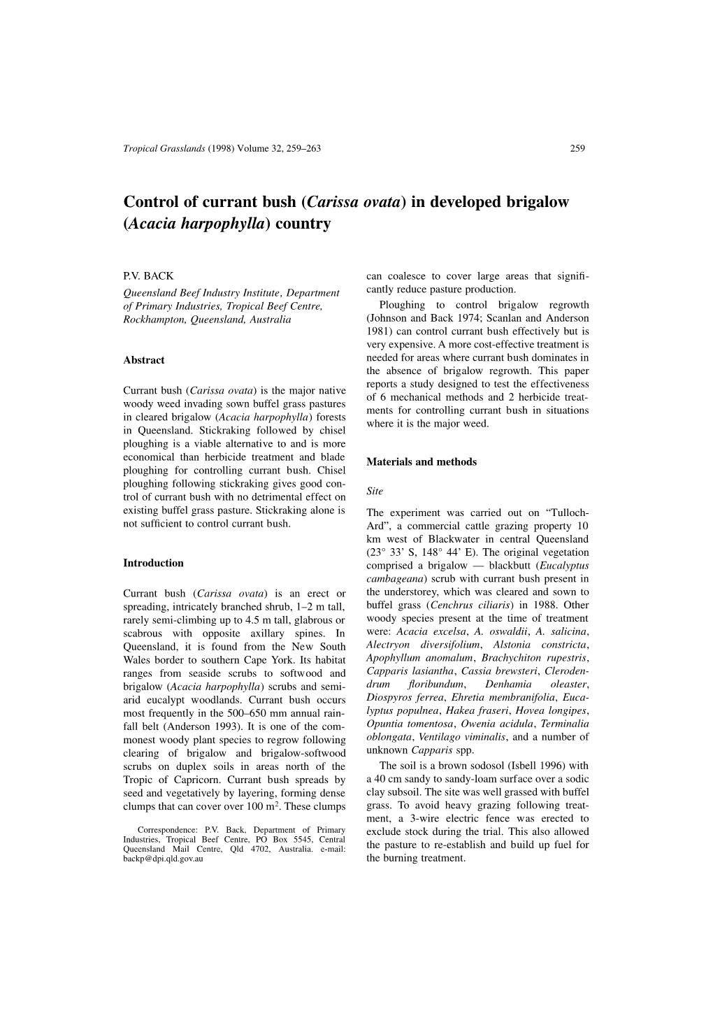 Control of Currant Bush (Carissa Ovata) in Developed Brigalow (Acacia Harpophylla) Country