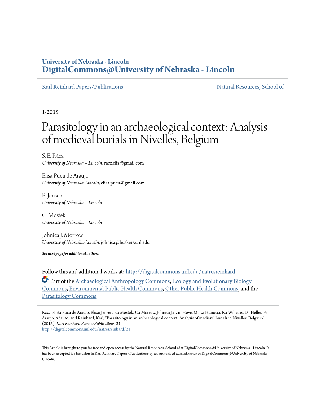 Parasitology in an Archaeological Context: Analysis of Medieval Burials in Nivelles, Belgium S