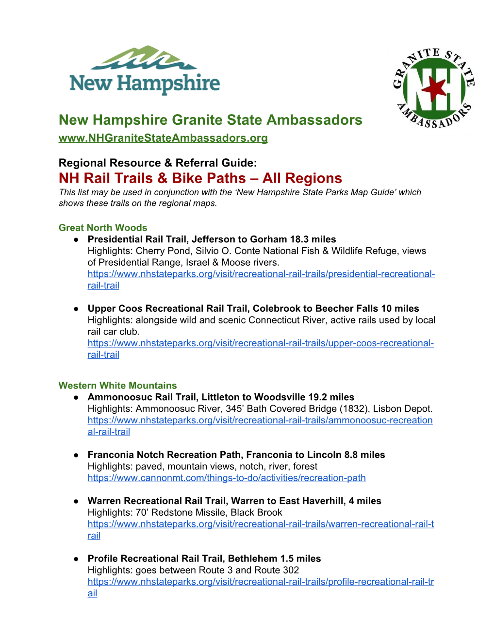 New Hampshire Granite State Ambassadors NH Rail Trails & Bike