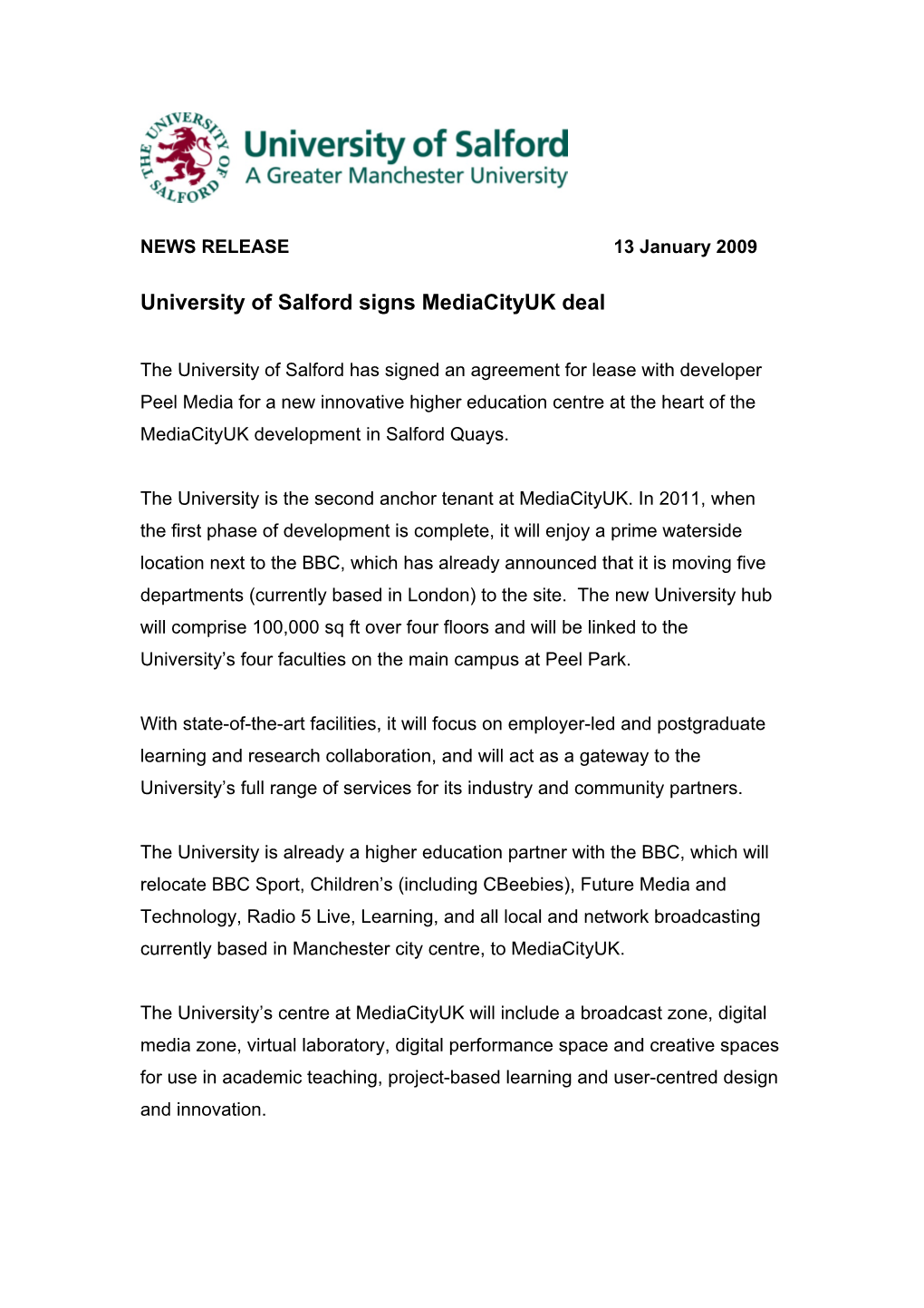 University of Salford Signs Mediacityuk Deal