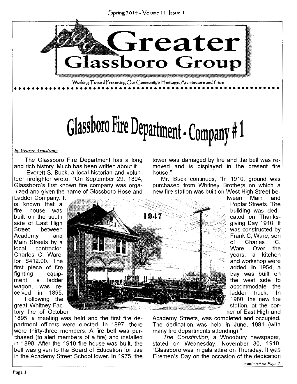 Glassboro Fire Department. Company #1 Bv George Armstrong the Glassboro Fire Department Has a Long Tower Was Damaged by Fire and the Bell Was Re­ and Rich History