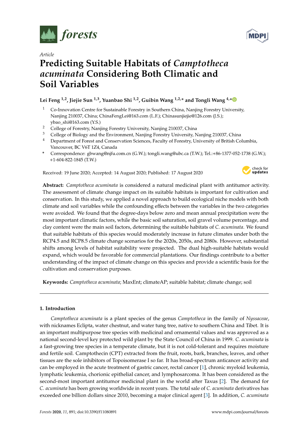 Predicting Suitable Habitats of Camptotheca Acuminata Considering Both Climatic and Soil Variables