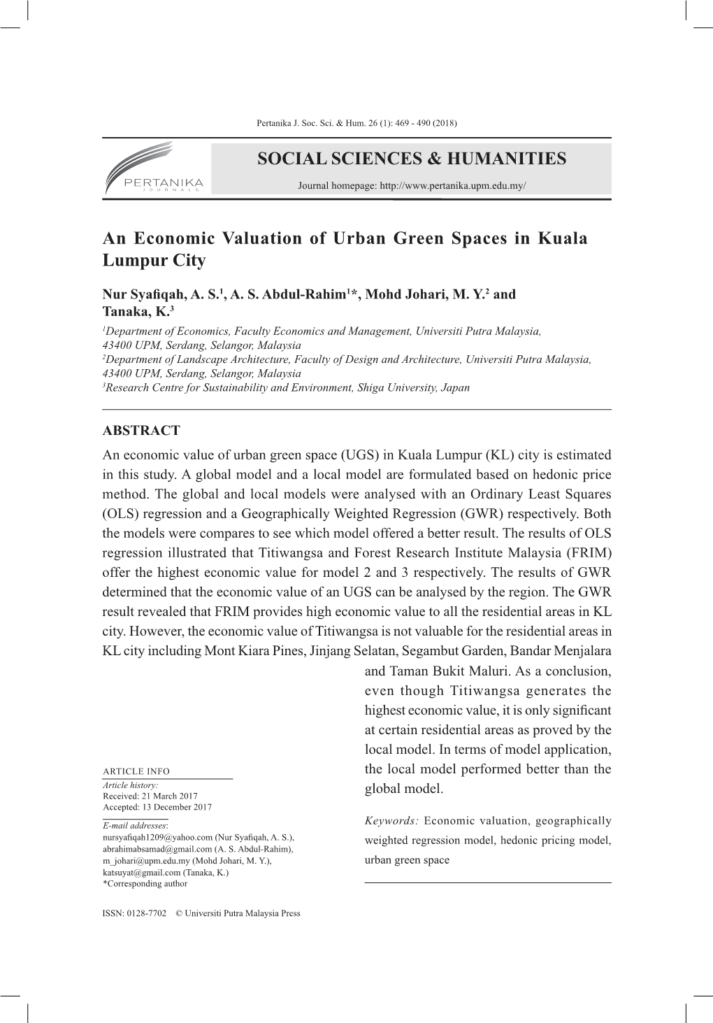 An Economic Valuation of Urban Green Spaces in Kuala Lumpur City