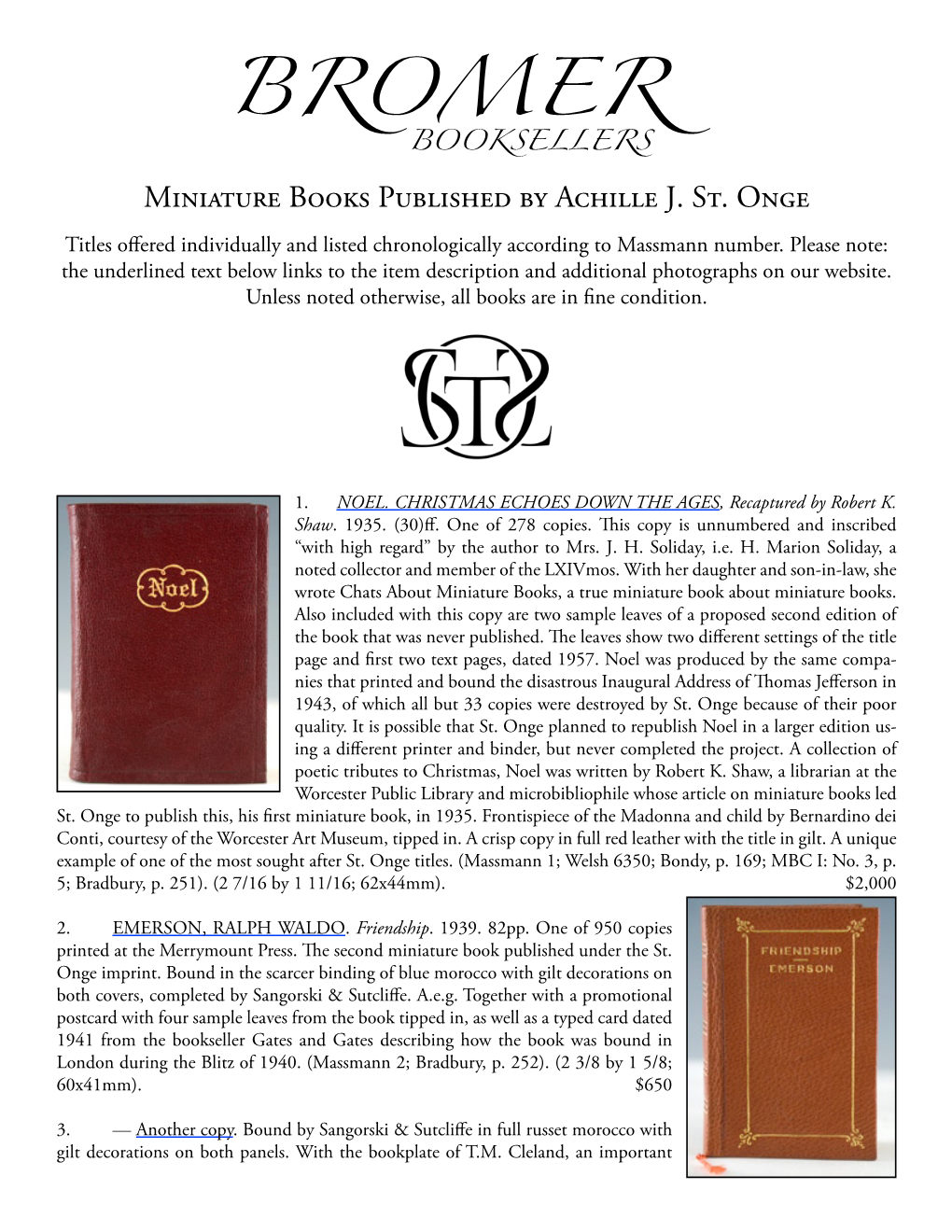 Miniature Books Published by Achille J. St. Onge Titles Offered Individually and Listed Chronologically According to Massmann Number