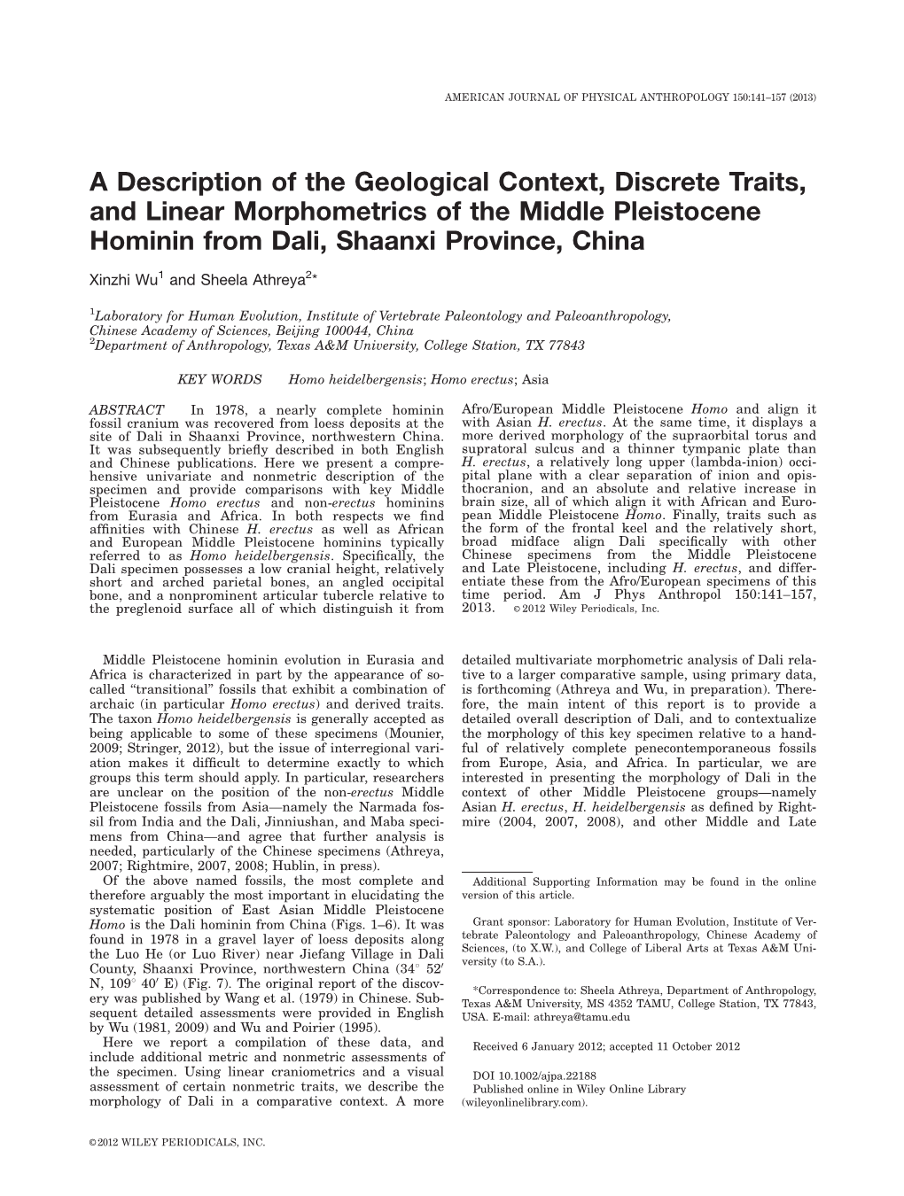 A Description of the Geological Context, Discrete Traits, and Linear Morphometrics of the Middle Pleistocene Hominin from Dali, Shaanxi Province, China