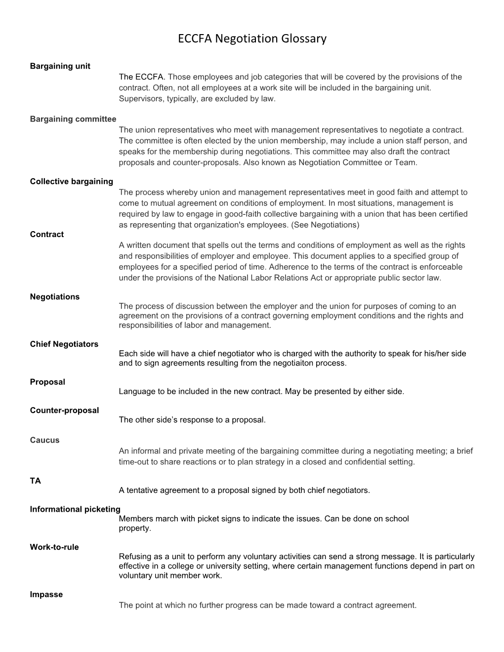 ECCFA Negotiation Glossary