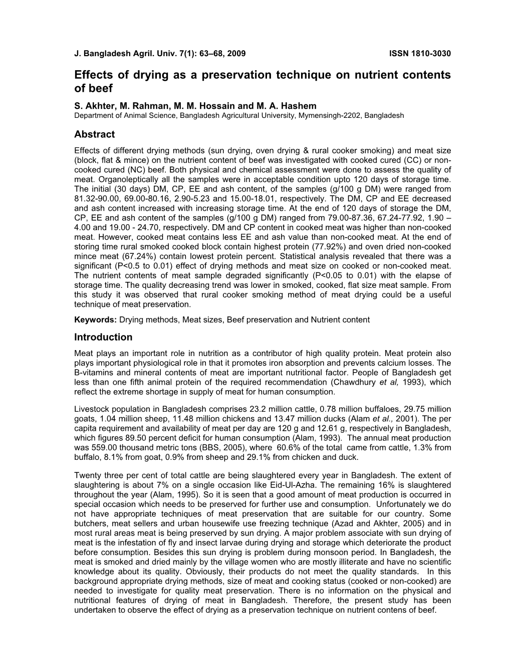 Effects of Drying As a Preservation Technique on Nutrient Contents of Beef