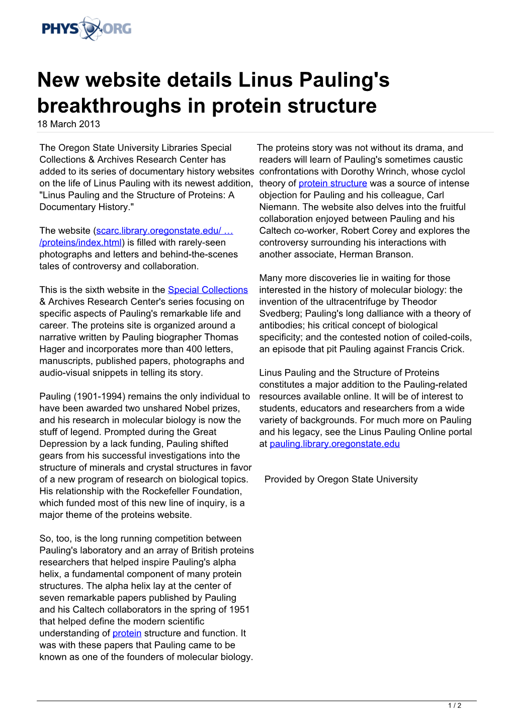 New Website Details Linus Pauling's Breakthroughs in Protein Structure 18 March 2013