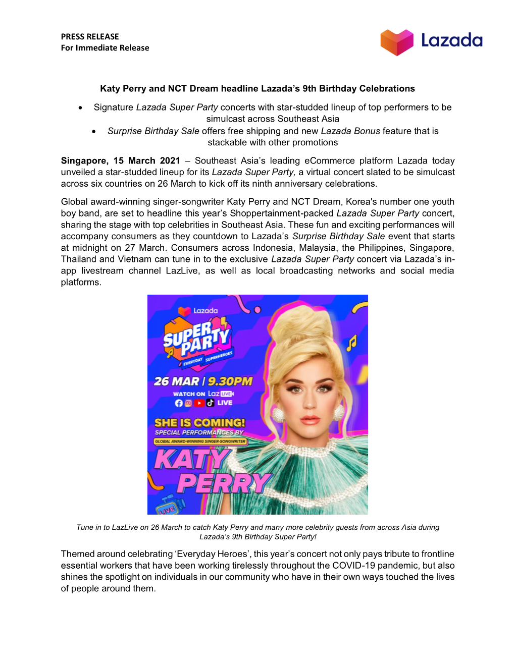 PRESS RELEASE for Immediate Release Katy Perry and NCT
