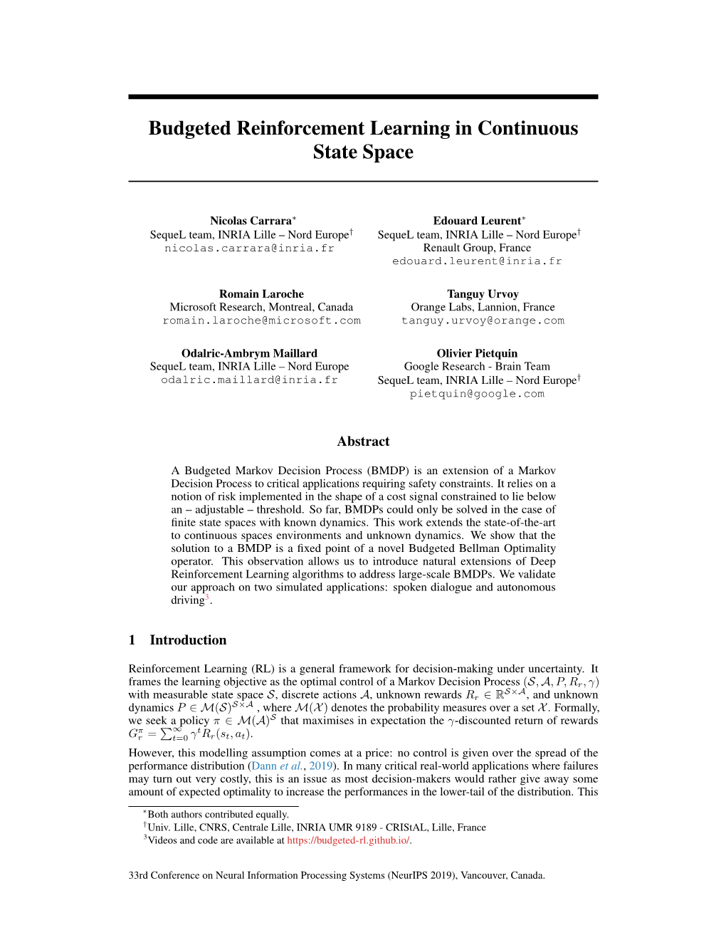 Budgeted Reinforcement Learning in Continuous State Space