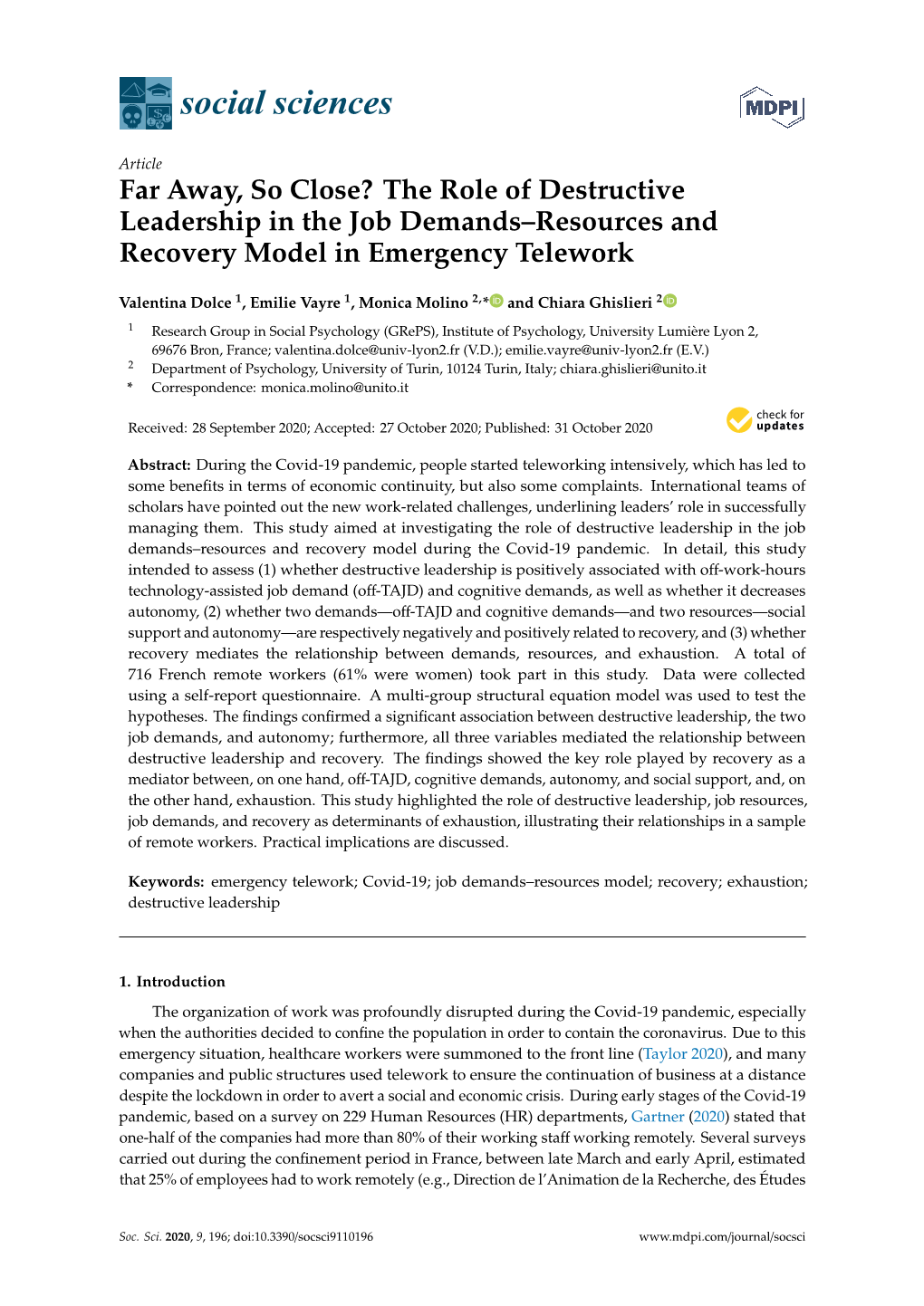 The Role of Destructive Leadership in the Job Demands–Resources and Recovery Model in Emergency Telework