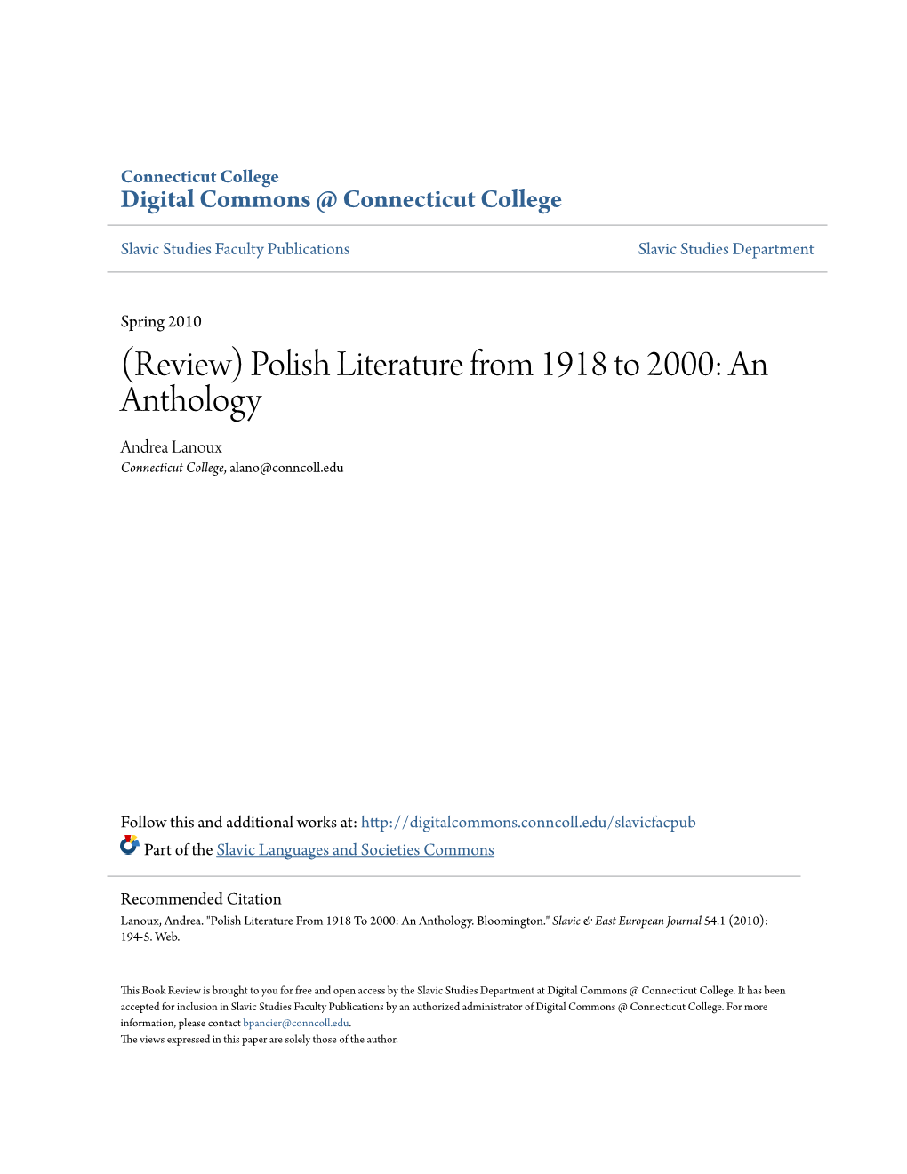 Polish Literature from 1918 to 2000: an Anthology Andrea Lanoux Connecticut College, Alano@Conncoll.Edu