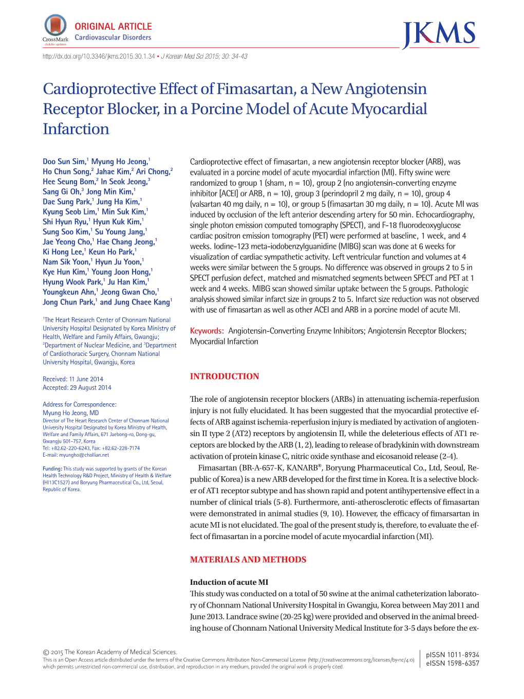 Cardioprotective Effect of Fimasartan, a New Angiotensin Receptor Blocker, in a Porcine Model of Acute Myocardial Infarction