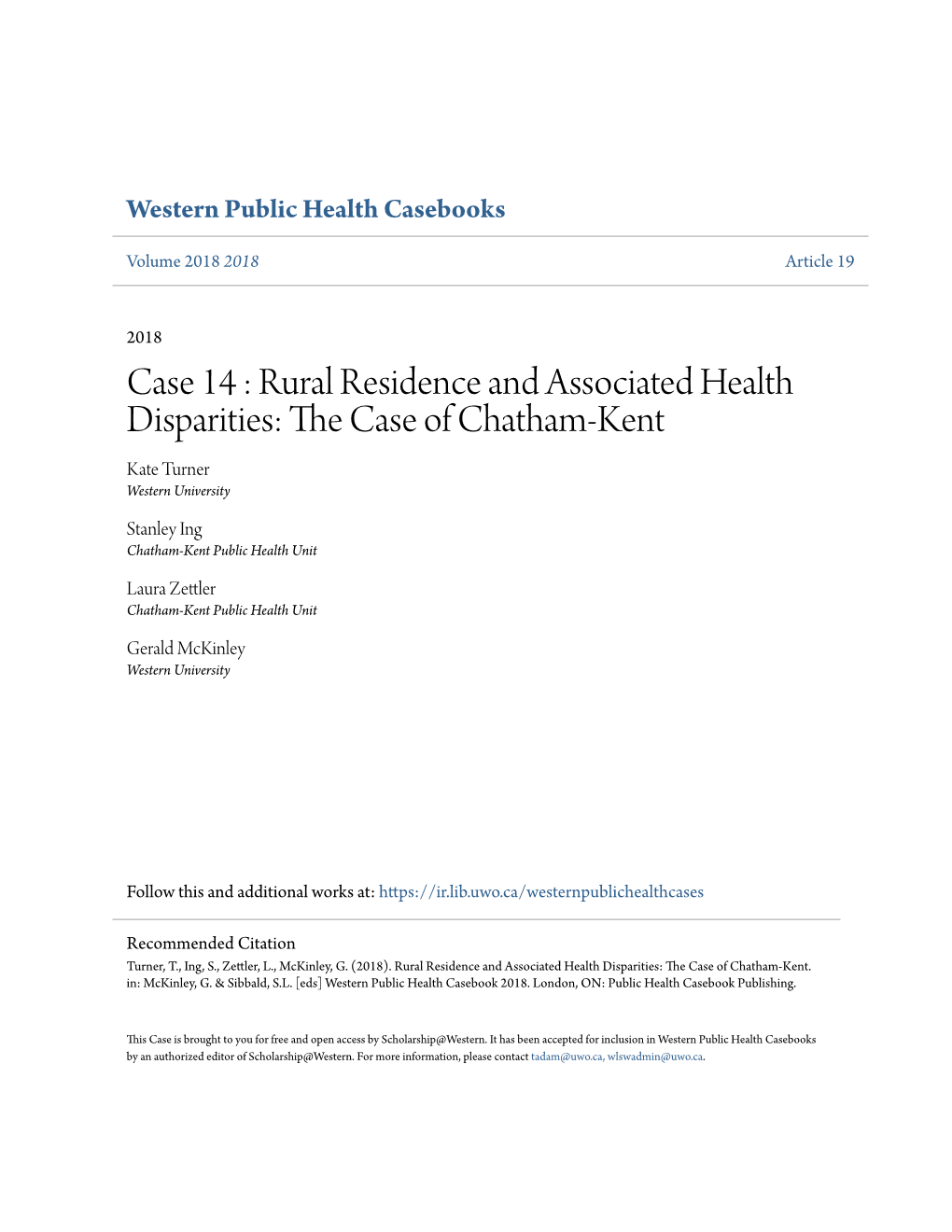 Rural Residence and Associated Health Disparities: the Case of Chatham-Kent