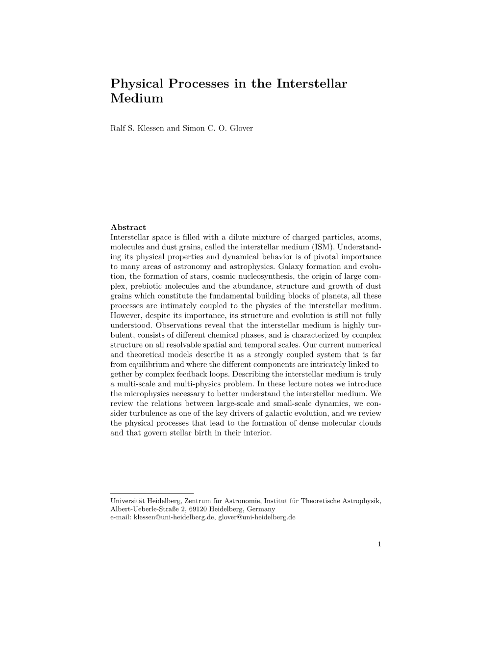 Physical Processes in the Interstellar Medium