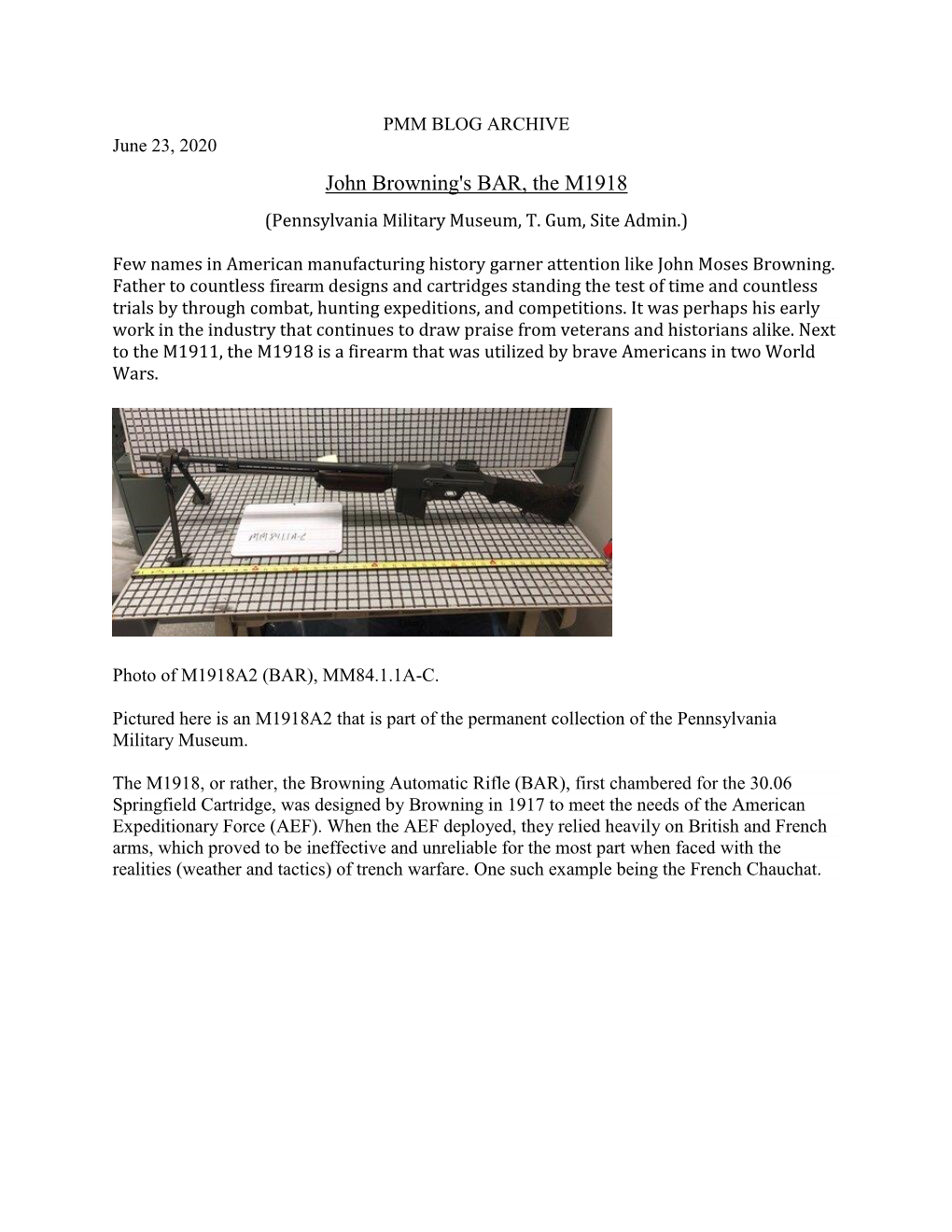 John Browning's BAR, the M1918 (Pennsylvania Military Museum, T