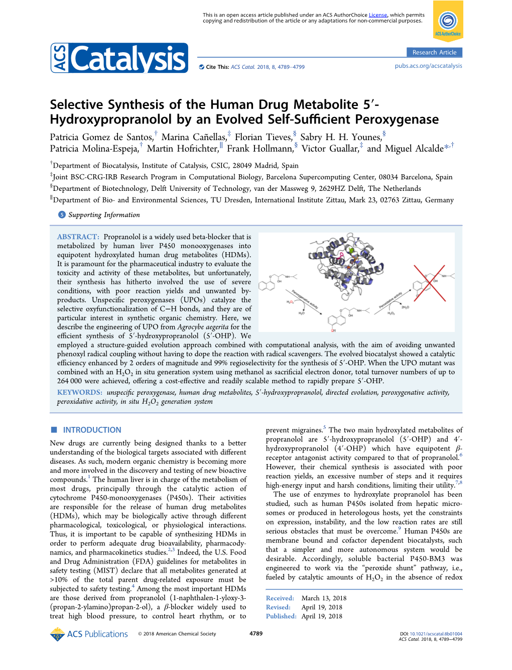 Selective Synthesis of the Human Drug Metabolite 5′-Hydroxypropranolol by an Evolved Self-Sufficient Peroxygenase