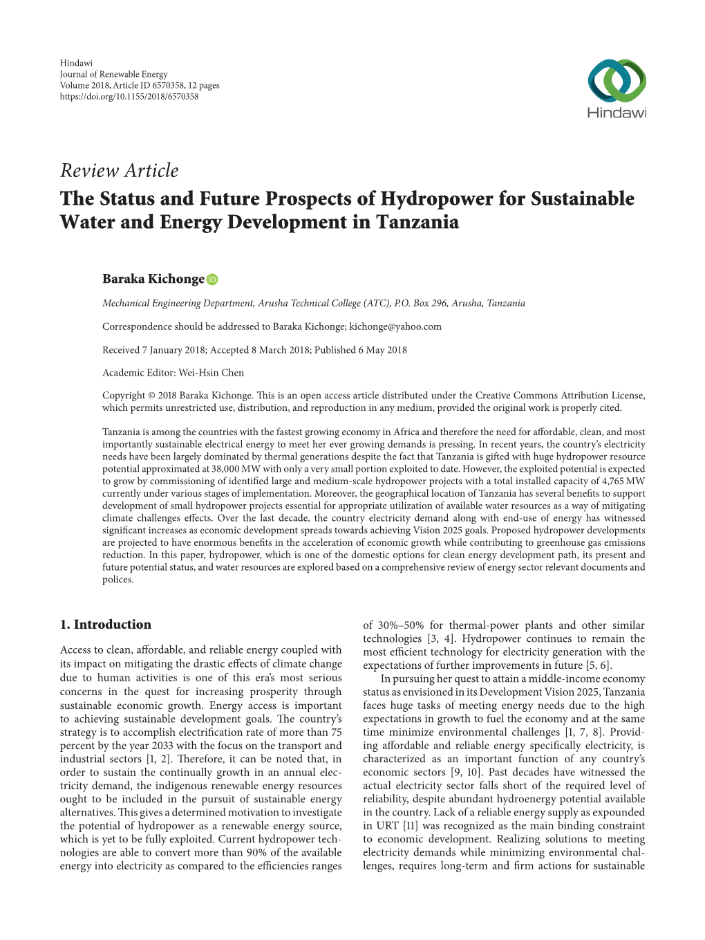 The Status and Future Prospects of Hydropower for Sustainable Water and Energy Development in Tanzania