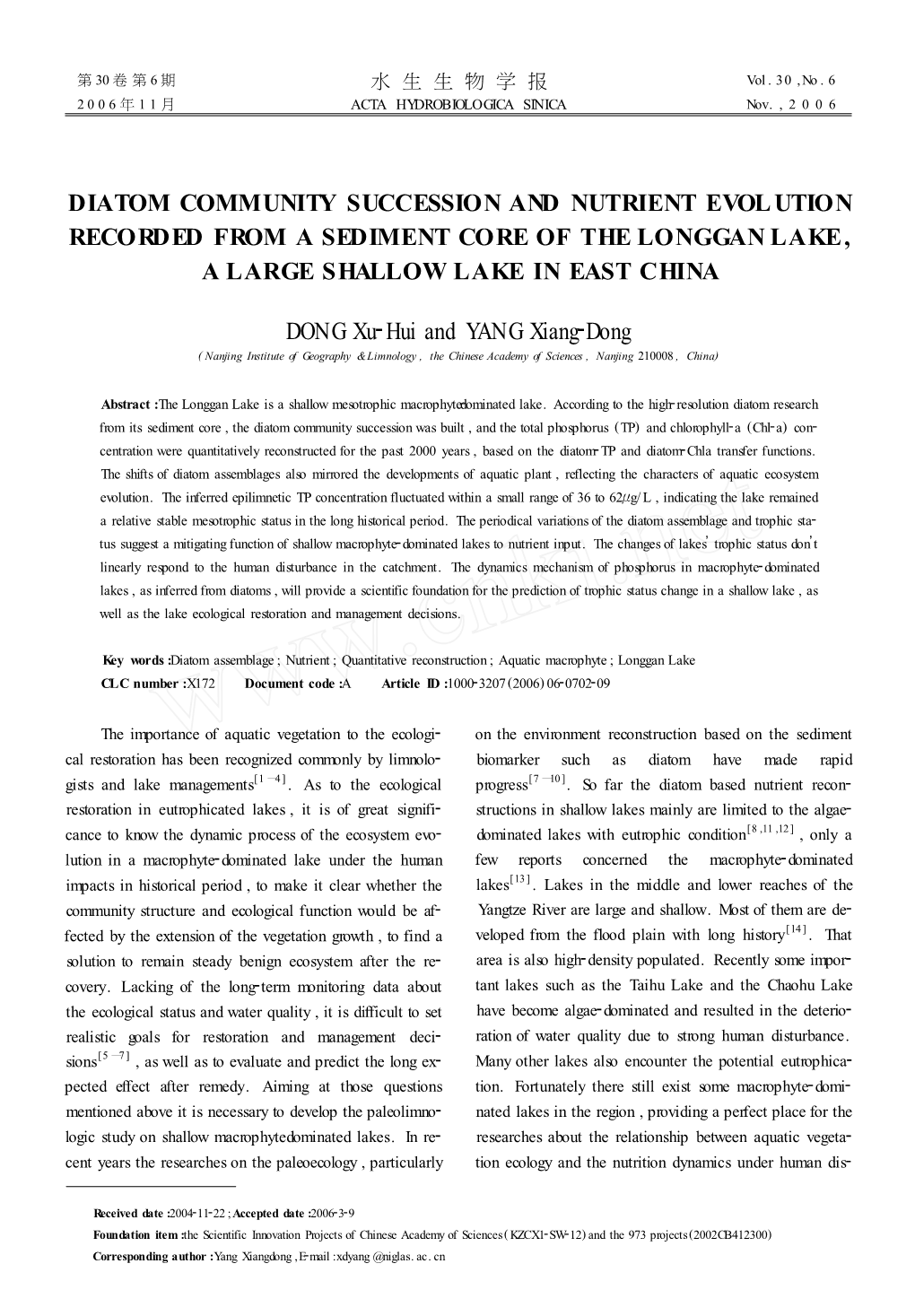 Diatom Community Succession and Nutrient Evolution Recorded from a Sediment Core of the Longgan Lake, a Large Shallow Lake in East China